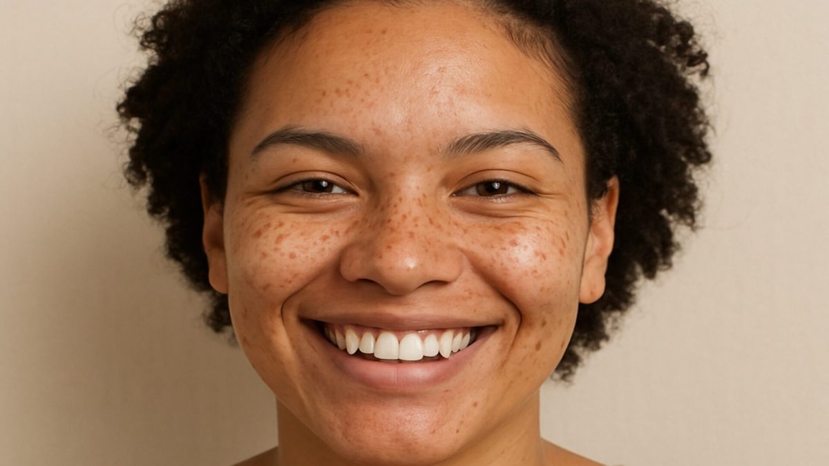 Mixed race lady smiling with facial hyperpigmentation