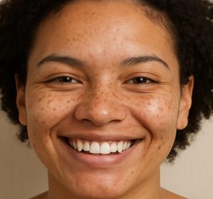 Mixed race lady smiling with facial hyperpigmentation