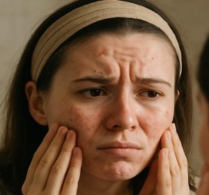 Woman visibly distressed by appearance of her skin