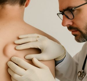 Dermatologist inspecting lipoma on patients back