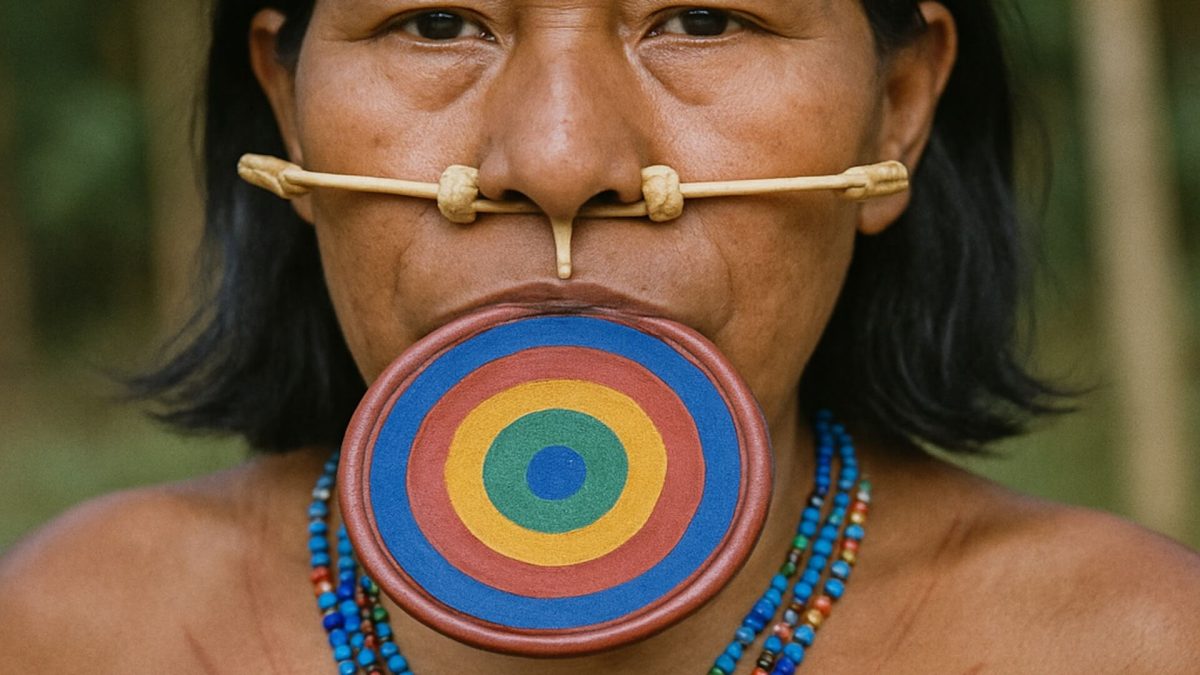 Tribe member with lip plate and nose plugs