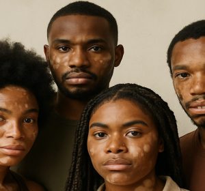 Four black models with vitiligo on faces and neck