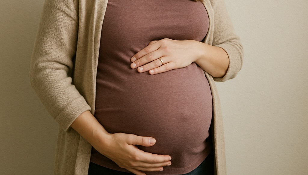 Pregnant woman torso holding stomach
