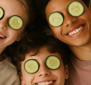 Three smiling teens with cucumber slices on eyes
