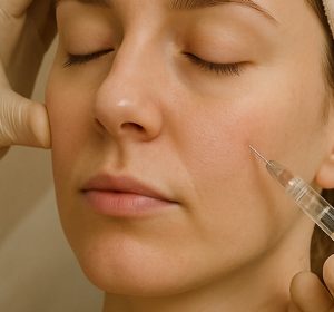 Woman receiving hyaluronic acid injection to cheek