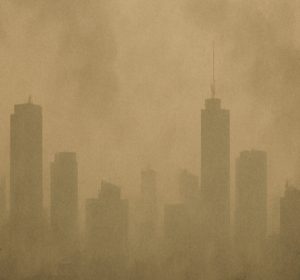 Air pollution and smog clouding city skyline