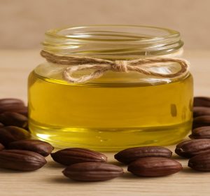 Jojoba oil in glass jar with jojoba seeds