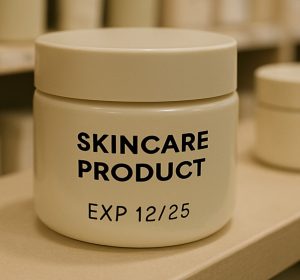 Skincare product on shelf with expiry date