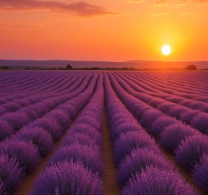 Tranquil field of lavender in front of sunset