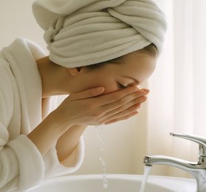 Woman with morning skincare routine at basin