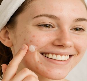 Young woman smiling applying trifarotene cream to acne on face