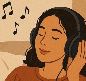 Vector woman happily listening to music
