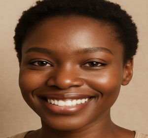 Black female model perfect skin smiling at camera