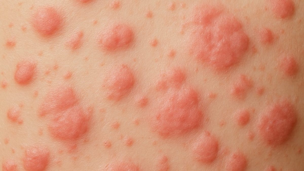 Close up hives welts reaction caucasian skin