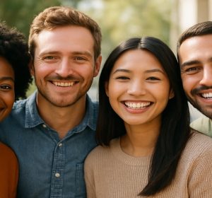 Four friends smiling together happily