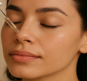 Woman applying vitamin c serum to face with pipette