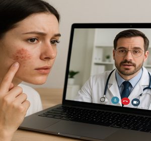 Woman receiving online skincare analysis for acne