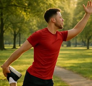 Young adult male stretching in sunlight in park